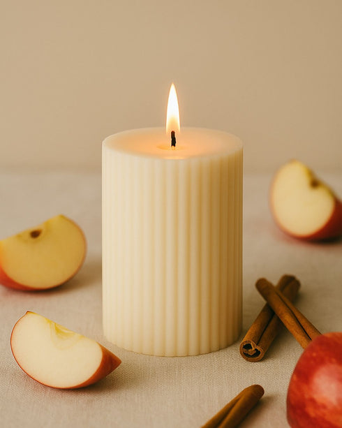 Cider Kisses (Apple Cinamon) Natural Soy Wax Scented Ribbed Pillar Candle | 3 x 5 inches