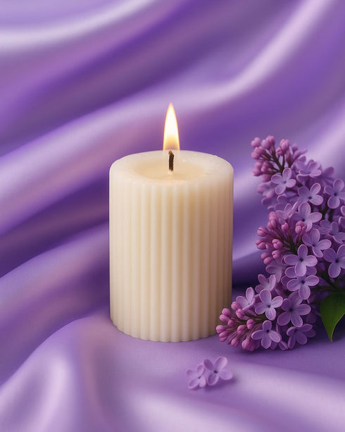 Midnight in Paris (French Lilac) Natural Soy Wax Scented Ribbed Pillar Candle | 3 x 3 inches