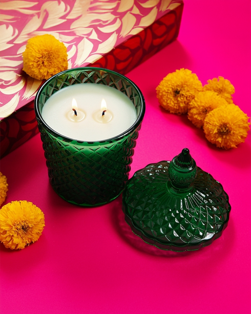 Green Diamond Cut Glass Jar Natural Soy Wax Scented Candle