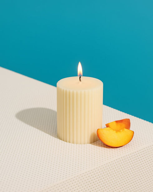 Peach Tease (Peach & Ginger) Natural Soy Wax Scented Ribbed Pillar Candle | 3 x 3 inches