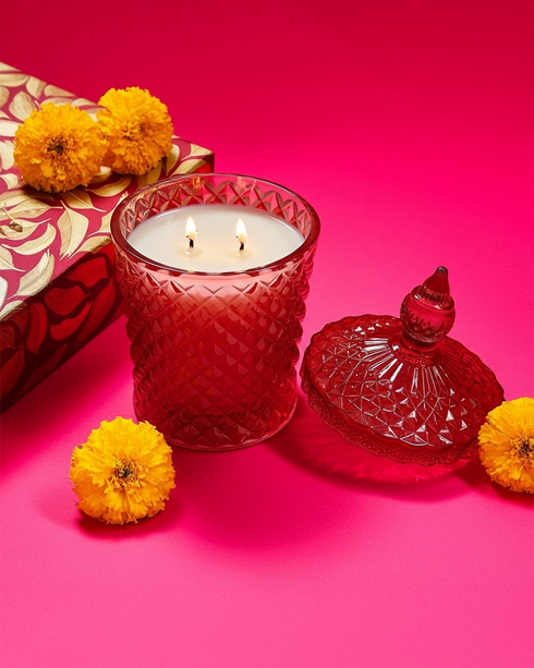 Red Diamond Cut Glass Jar Natural Soy Wax Scented Candle