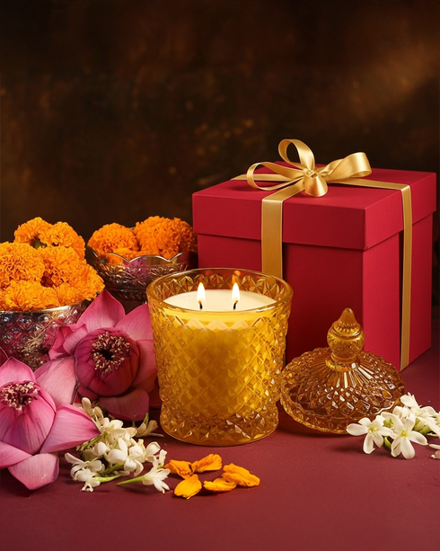 Yellow Diamond Cut Glass Jar Natural Soy Wax Scented Candle