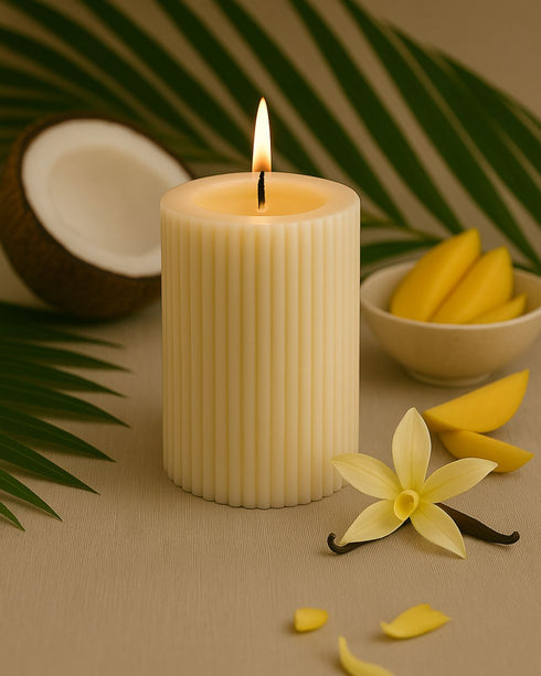 Sunset Sips (Mango Coconut Vanilla) Natural Soy Wax Scented Ribbed Pillar Candle | 3 x 5 inches