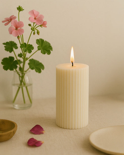 Velvet Nights (Rose Gernaium) Natural Soy Wax Scented Ribbed Pillar Candles | 3 x 5 inches