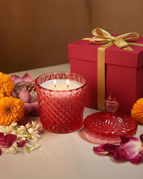 Red Diamond Cut Glass Jar Natural Soy Wax Scented Candle