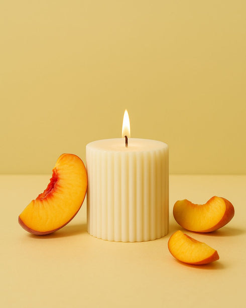 Peach Tease (Peach & Ginger) Natural Soy Wax Scented Ribbed Pillar Candle | 3 x 3 inches