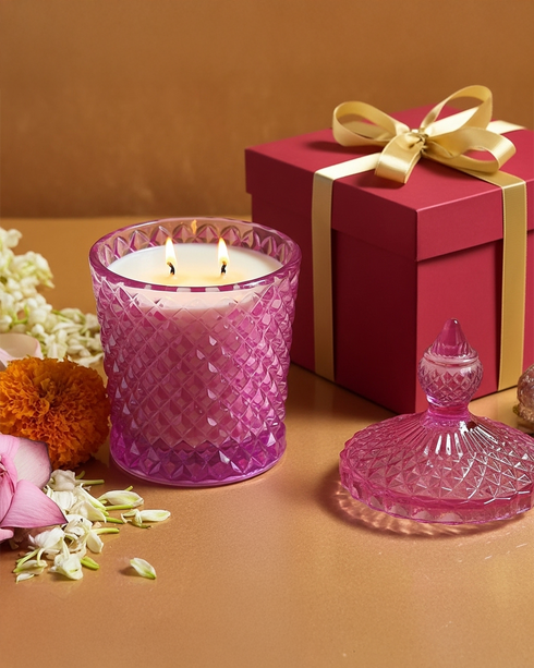 Pink Diamond Cut Glass Jar Natural Soy Wax Scented Candle