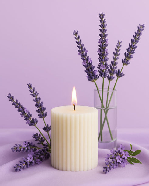 Midnight in Paris (French Lilac) Natural Soy Wax Scented Ribbed Pillar Candle | 3 x 3 inches