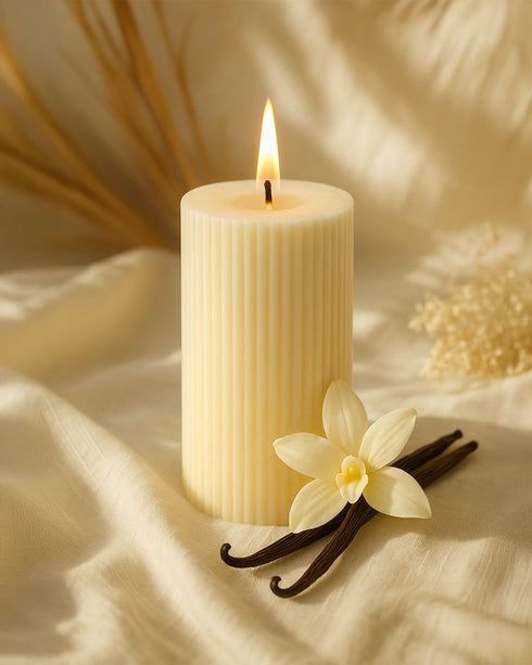 Sugar Hush (French Vanilla) Natural Soy Wax Scented Ribbed Pillar Candle | 3 x 5 inches
