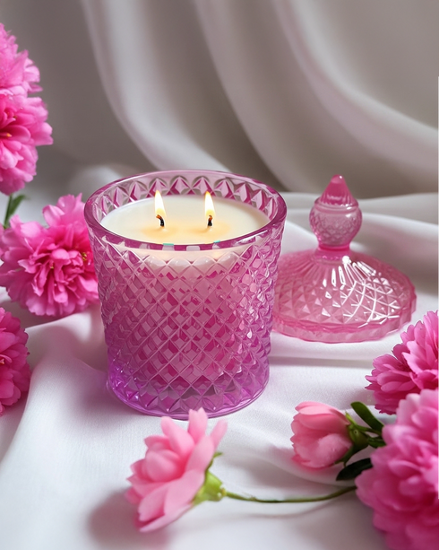 Pink Diamond Cut Glass Jar Natural Soy Wax Scented Candle