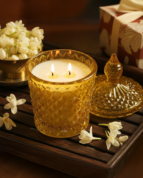 Yellow Diamond Cut Glass Jar Natural Soy Wax Scented Candle
