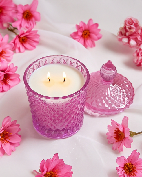 Pink Diamond Cut Glass Jar Natural Soy Wax Scented Candle