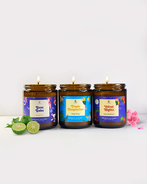 A Trip to Bali | Combo of 3 Amber Jar Scented Candles (Ylang Ylang + Rose Geranium + Bergamot)