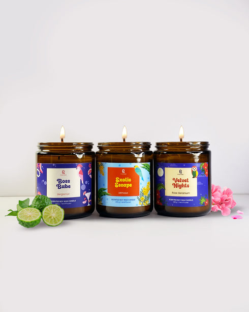 Almost Friday | Combo of 3 Amber Jar Scented Candles (Bergamot + Yellow Mimosa + Rose Geranium)