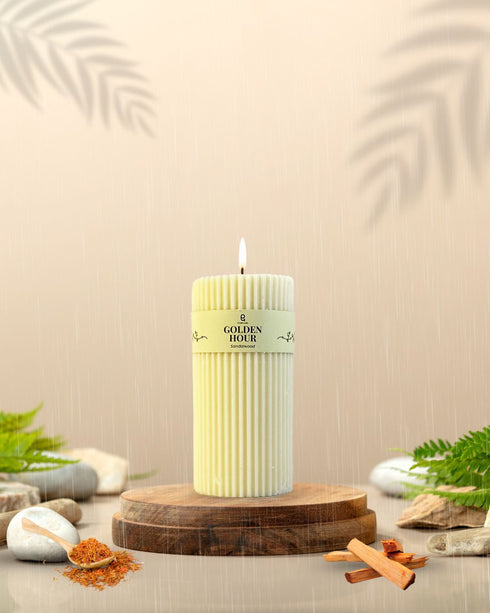 Golden Hour (Sandalwood) Natural Soy Wax Scented Ribbed Pillar Candle | 3' x 5' inches