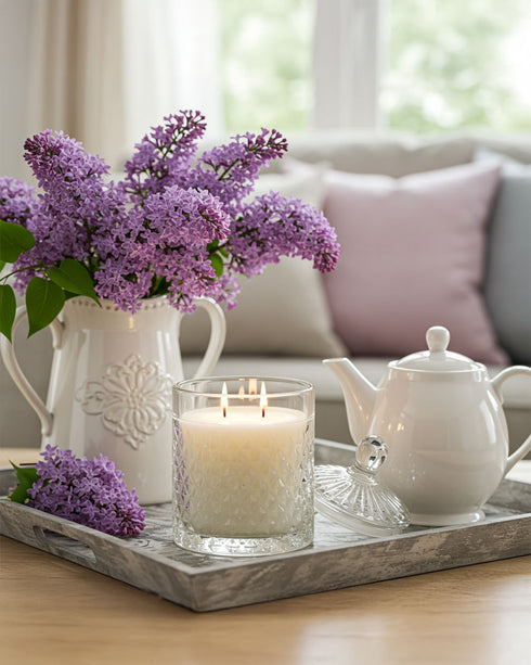 French Lilac Diamond Cut Glass Jar Natural Soy Wax Scented Candle