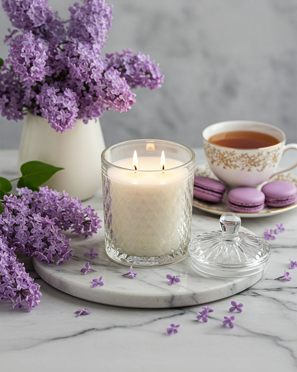 French Lilac Diamond Cut Glass Jar Natural Soy Wax Scented Candle