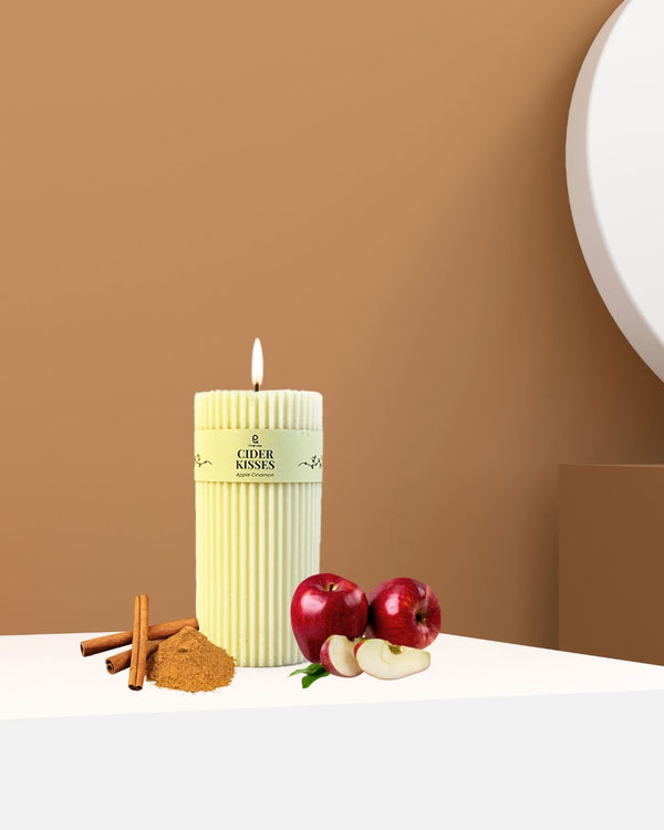 Cider Kisses (Apple Cinamon) Natural Soy Wax Scented Ribbed Pillar Candle | 3 x 5 inches