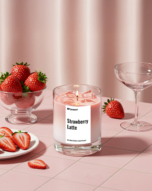 Pyneyard Candle labeled 'Strawberry Latte' with strawberries and a glass on a pink surface