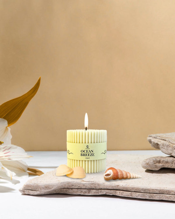 Ocean Breeze (Aqua) Natural Soy Wax Scented Ribbed Pillar Candle | 3 x 3 inches