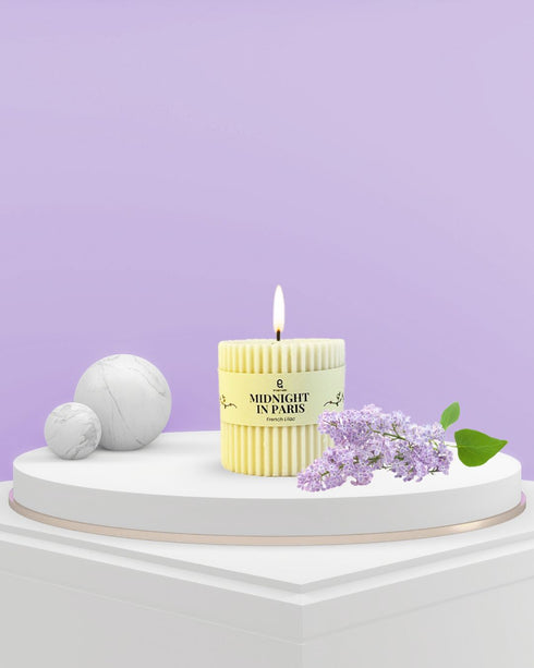 Midnight in Paris (French Lilac) Natural Soy Wax Scented Ribbed Pillar Candle | 3 x 3 inches