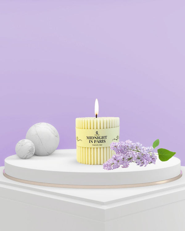 Midnight in Paris (French Lilac) Natural Soy Wax Scented Ribbed Pillar Candle | 3 x 3 inches