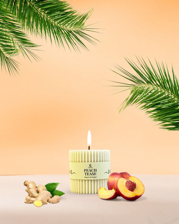 Peach Tease (Peach & Ginger) Natural Soy Wax Scented Ribbed Pillar Candle | 3 x 3 inches
