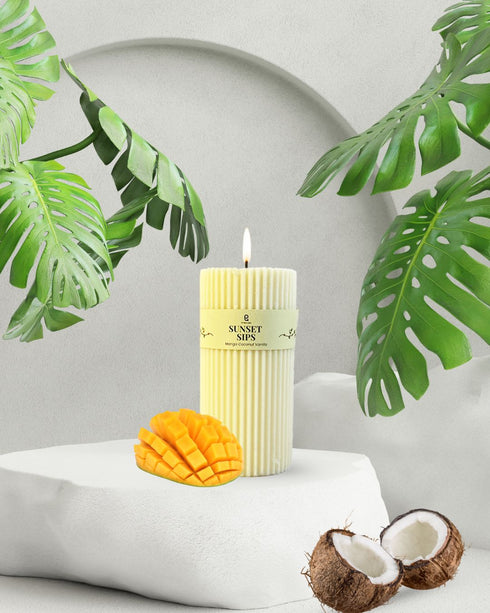 Sunset Sips (Mango Coconut Vanilla) Natural Soy Wax Scented Ribbed Pillar Candle | 3 x 5 inches